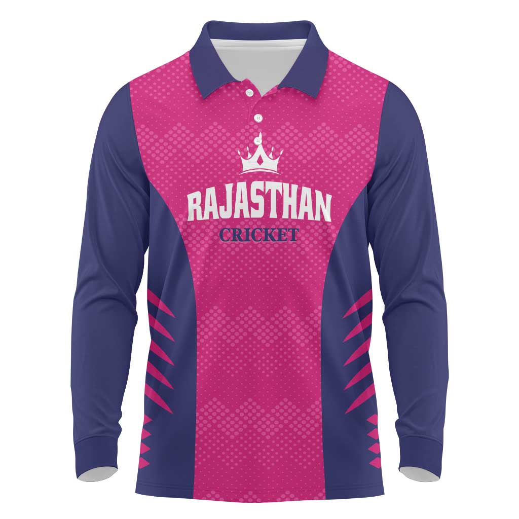 Custom Rajasthan 2025 Cricket Royals Long Sleeve Polo Shirt Pink And Halla Bol