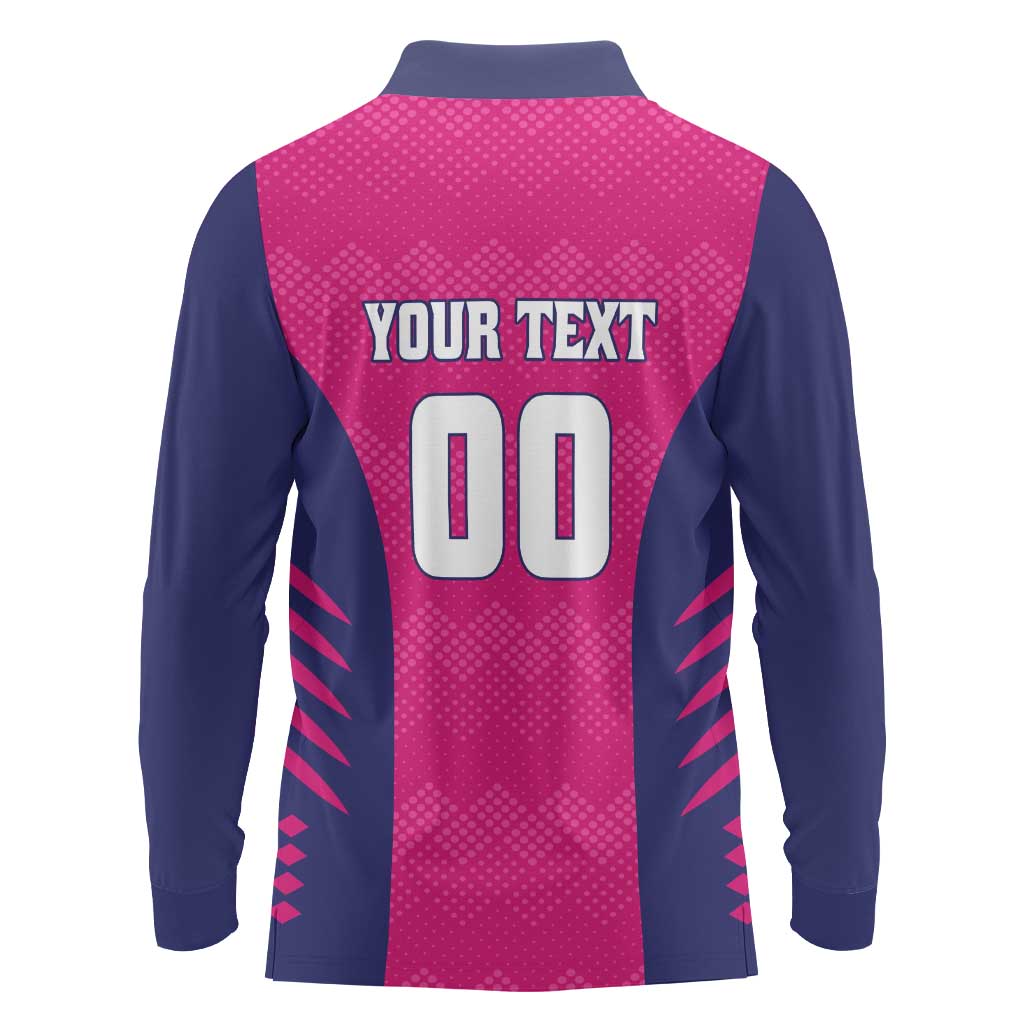 Custom Rajasthan 2025 Cricket Royals Long Sleeve Polo Shirt Pink And Halla Bol