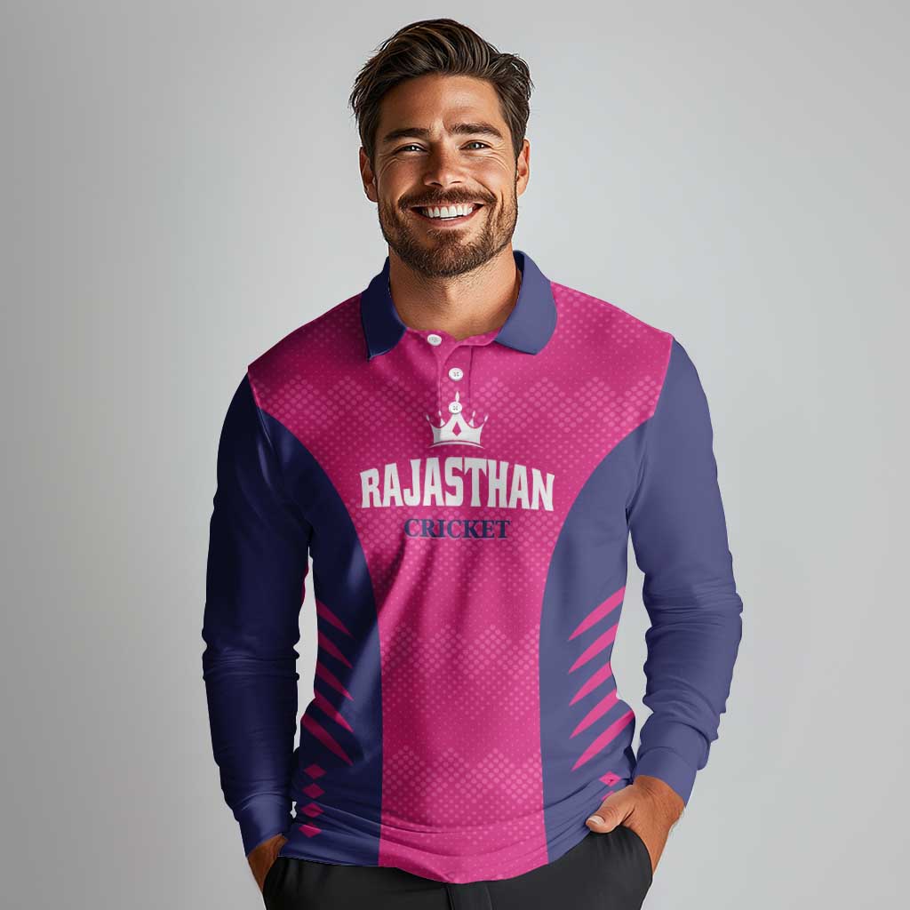 Custom Rajasthan 2025 Cricket Royals Long Sleeve Polo Shirt Pink And Halla Bol