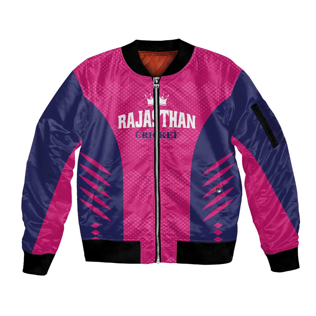 Custom Rajasthan 2025 Cricket Royals Sleeve Zip Bomber Jacket Pink And Halla Bol