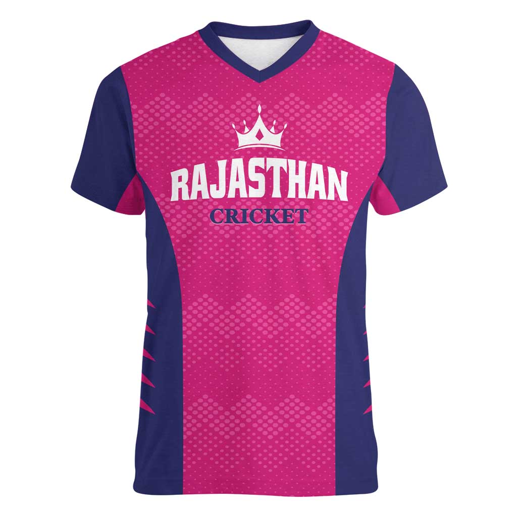Custom Rajasthan 2025 Cricket Royals Women V-Neck T-Shirt Pink And Halla Bol