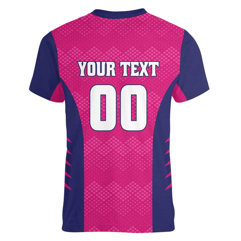 Custom Rajasthan 2025 Cricket Royals Women V-Neck T-Shirt Pink And Halla Bol