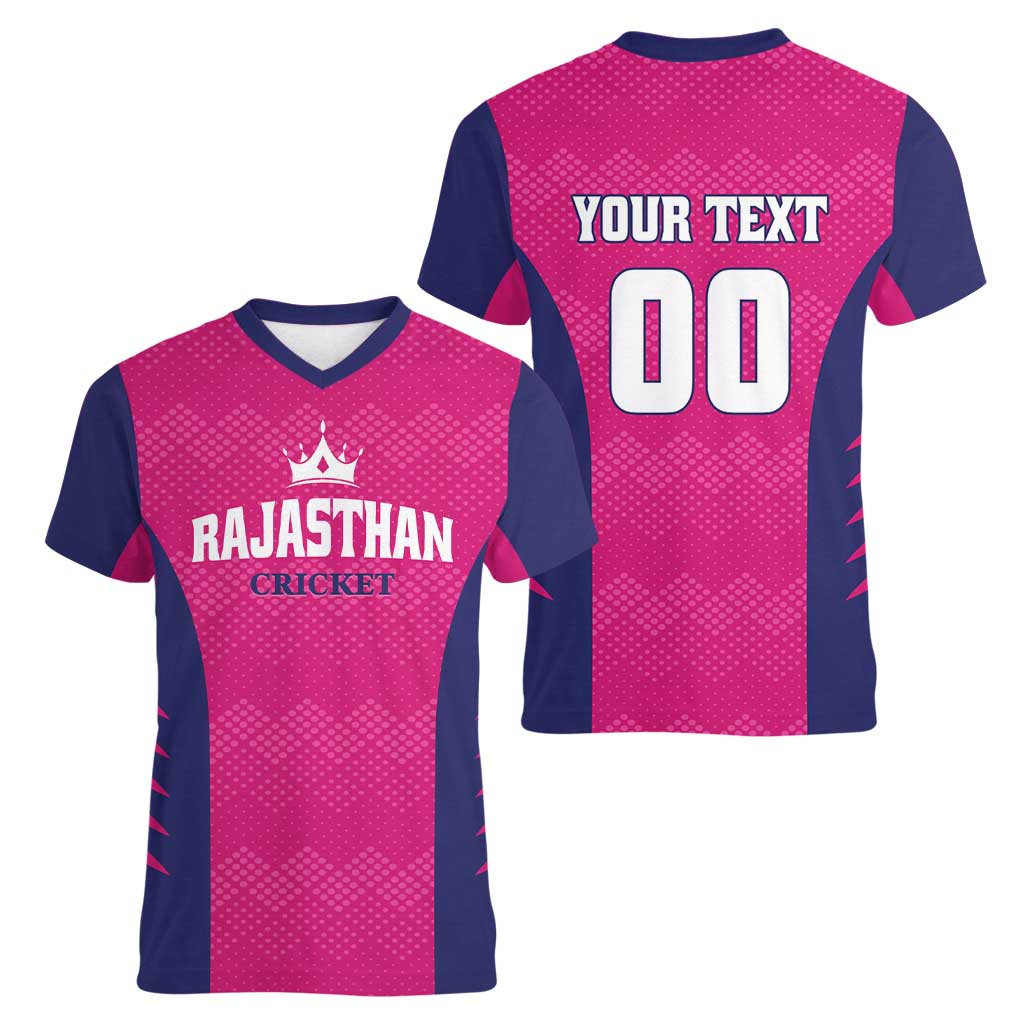 Custom Rajasthan 2025 Cricket Royals Women V-Neck T-Shirt Pink And Halla Bol