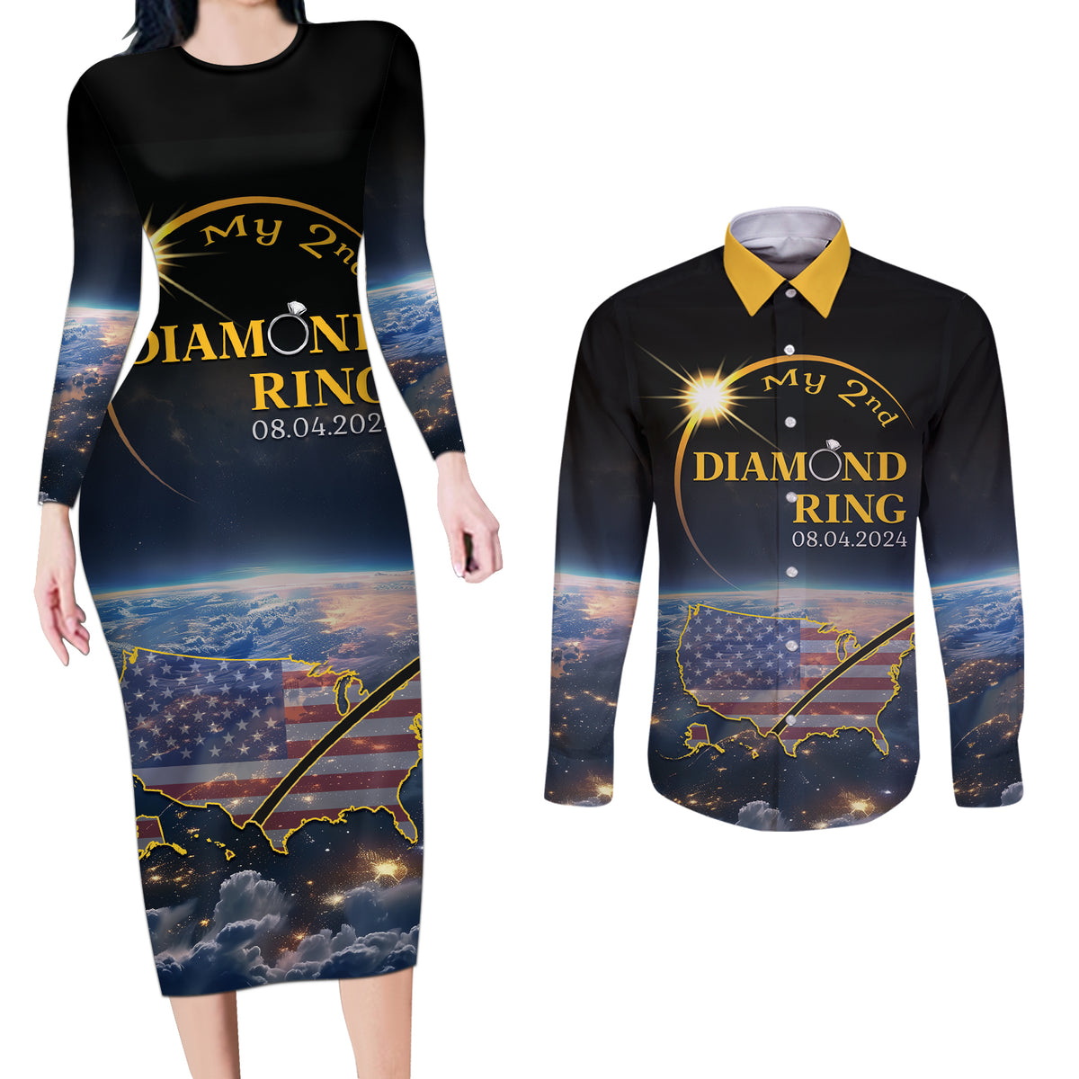 Personalized Total Solar Eclipse 2024 Couples Matching Long Sleeve Bodycon Dress and Long Sleeve Button Shirt My 2nd Diamond Ring - Wonder Print Shop