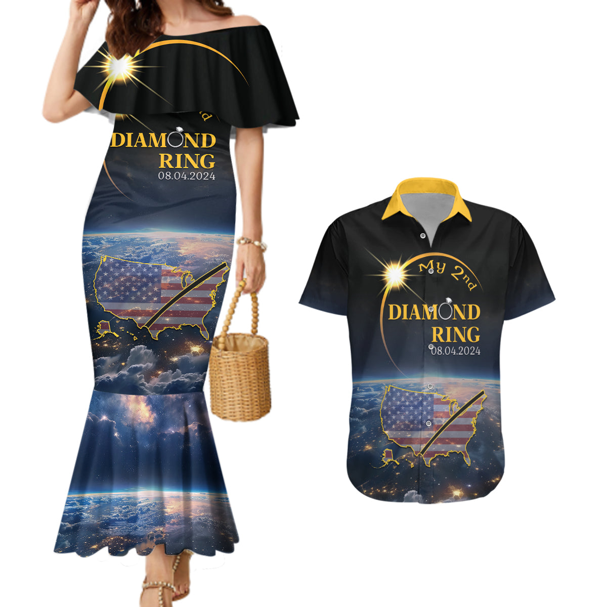 Personalized Total Solar Eclipse 2024 Couples Matching Mermaid Dress and Hawaiian Shirt My 2nd Diamond Ring - Wonder Print Shop