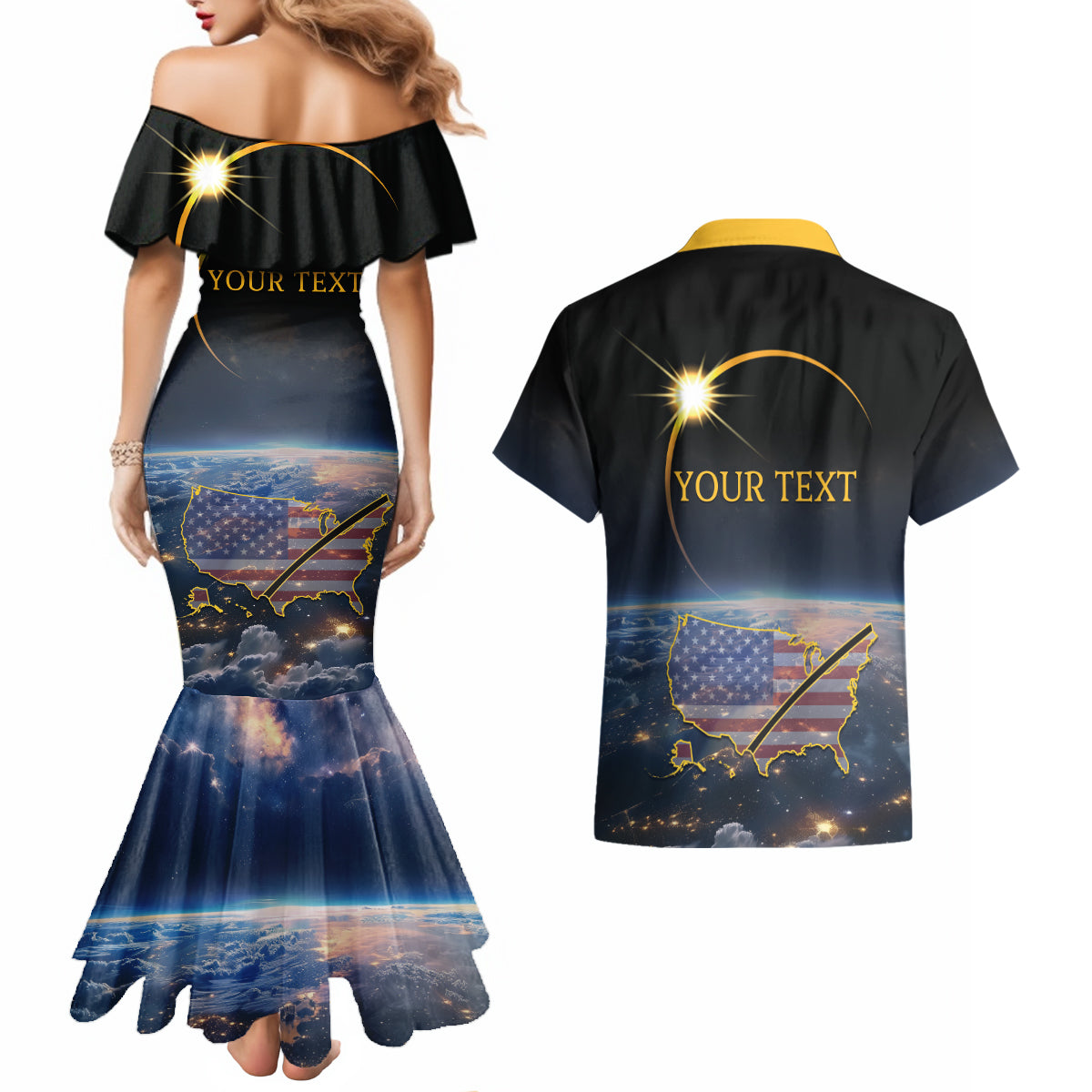Personalized Total Solar Eclipse 2024 Couples Matching Mermaid Dress and Hawaiian Shirt My 2nd Diamond Ring - Wonder Print Shop
