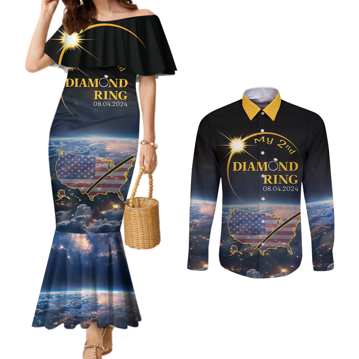 Personalized Total Solar Eclipse 2024 Couples Matching Mermaid Dress and Long Sleeve Button Shirt My 2nd Diamond Ring