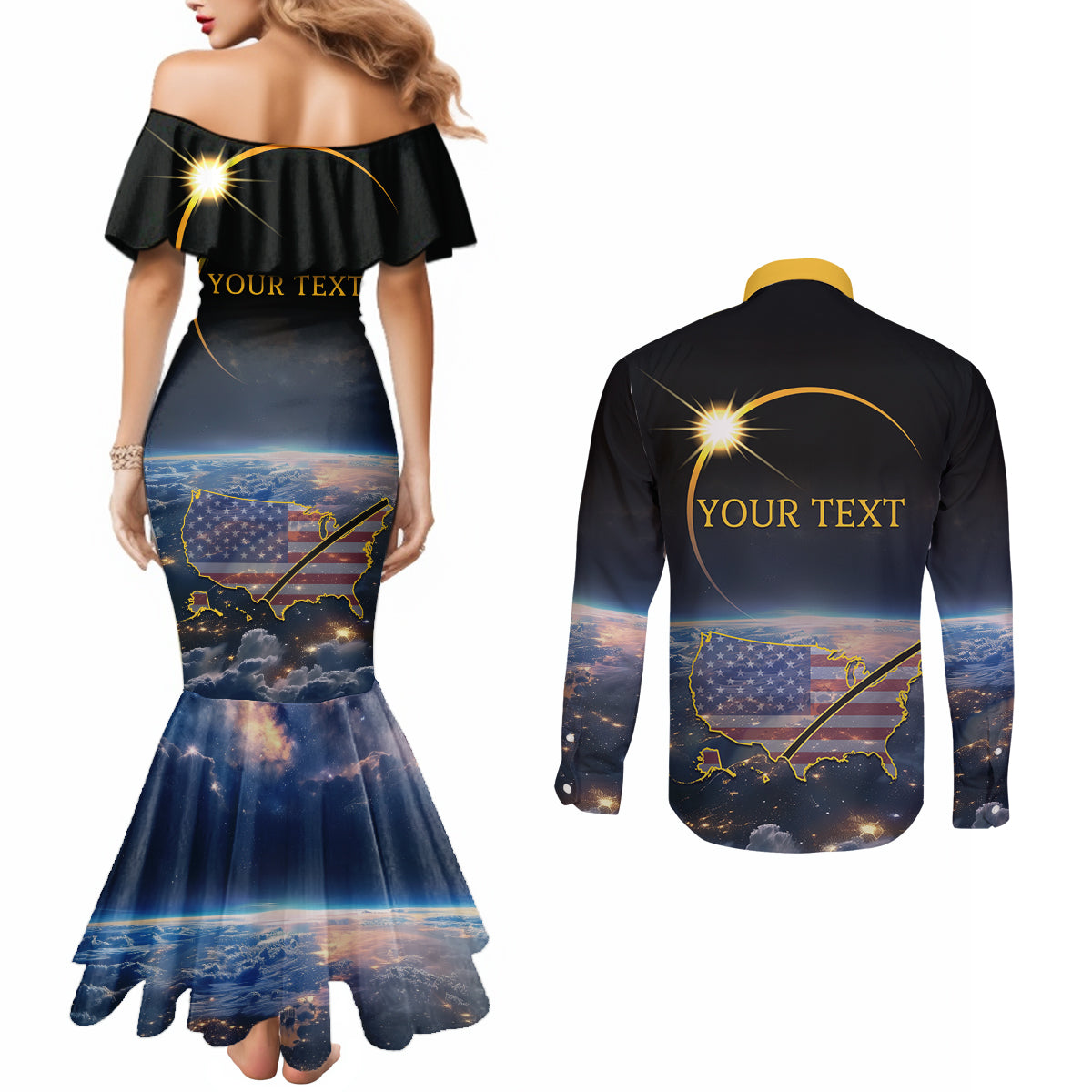 Personalized Total Solar Eclipse 2024 Couples Matching Mermaid Dress and Long Sleeve Button Shirt My 2nd Diamond Ring