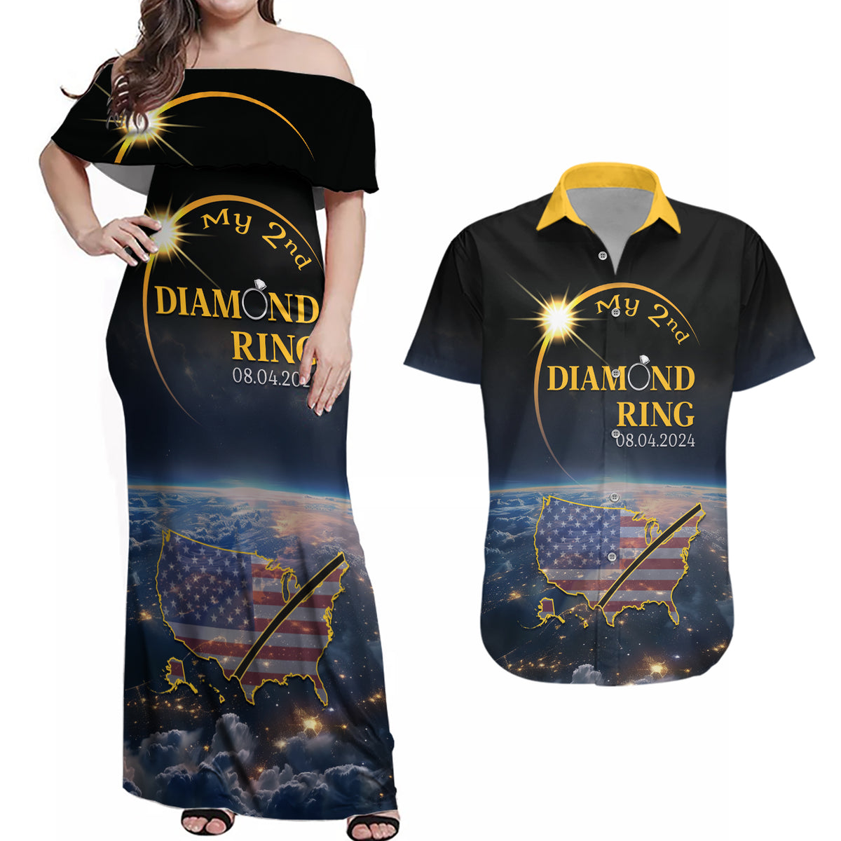 Personalized Total Solar Eclipse 2024 Couples Matching Off Shoulder Maxi Dress and Hawaiian Shirt My 2nd Diamond Ring - Wonder Print Shop
