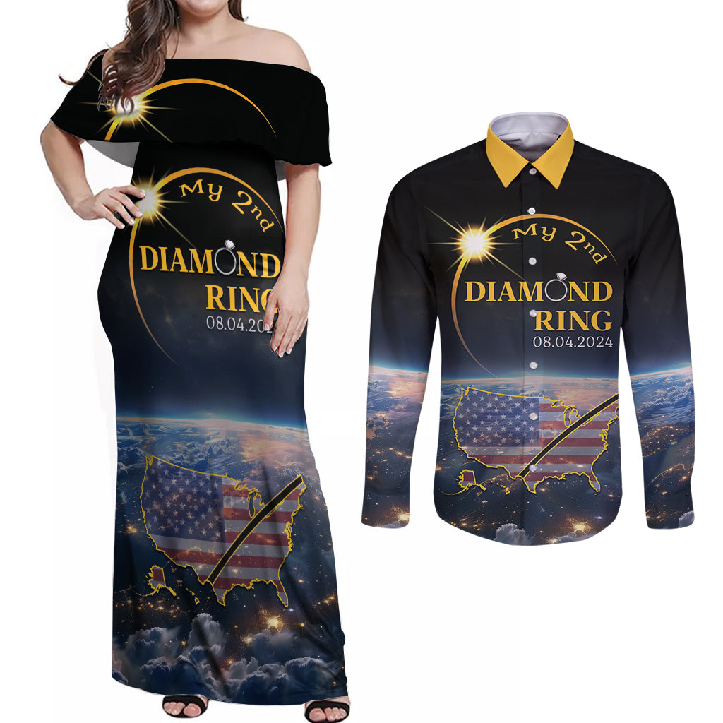 Personalized Total Solar Eclipse 2024 Couples Matching Off Shoulder Maxi Dress and Long Sleeve Button Shirt My 2nd Diamond Ring - Wonder Print Shop