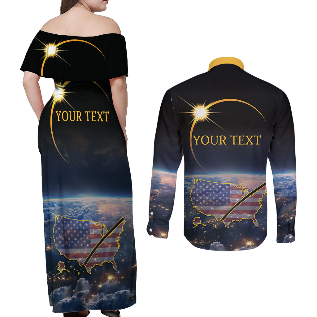 Personalized Total Solar Eclipse 2024 Couples Matching Off Shoulder Maxi Dress and Long Sleeve Button Shirt My 2nd Diamond Ring - Wonder Print Shop