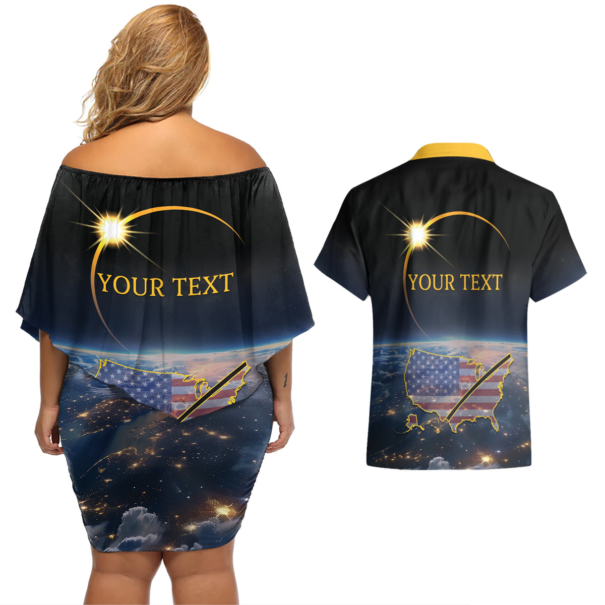 Personalized Total Solar Eclipse 2024 Couples Matching Off Shoulder Short Dress and Hawaiian Shirt My 2nd Diamond Ring - Wonder Print Shop