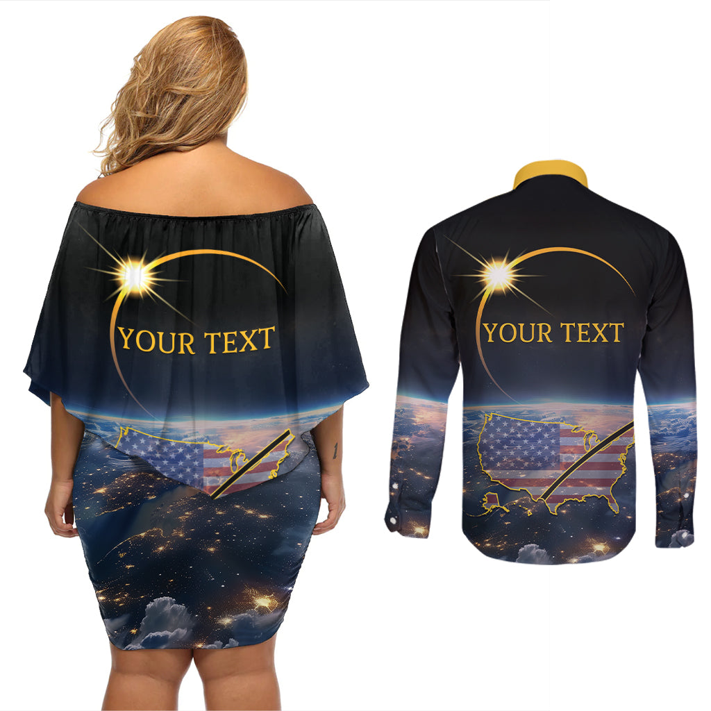 Personalized Total Solar Eclipse 2024 Couples Matching Off Shoulder Short Dress and Long Sleeve Button Shirt My 2nd Diamond Ring - Wonder Print Shop