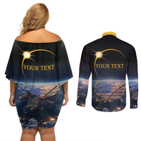 Personalized Total Solar Eclipse 2024 Couples Matching Off Shoulder Short Dress and Long Sleeve Button Shirt My 2nd Diamond Ring - Wonder Print Shop