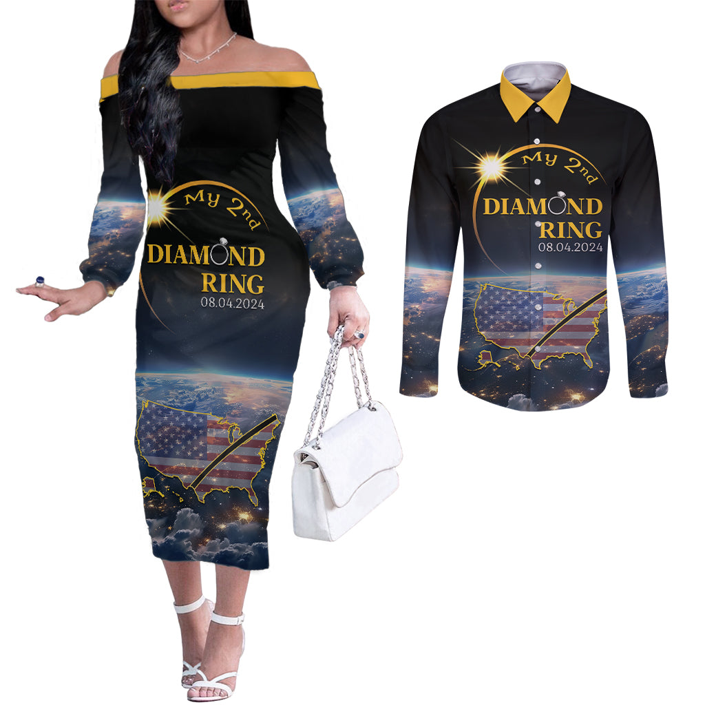 Personalized Total Solar Eclipse 2024 Couples Matching Off The Shoulder Long Sleeve Dress and Long Sleeve Button Shirt My 2nd Diamond Ring