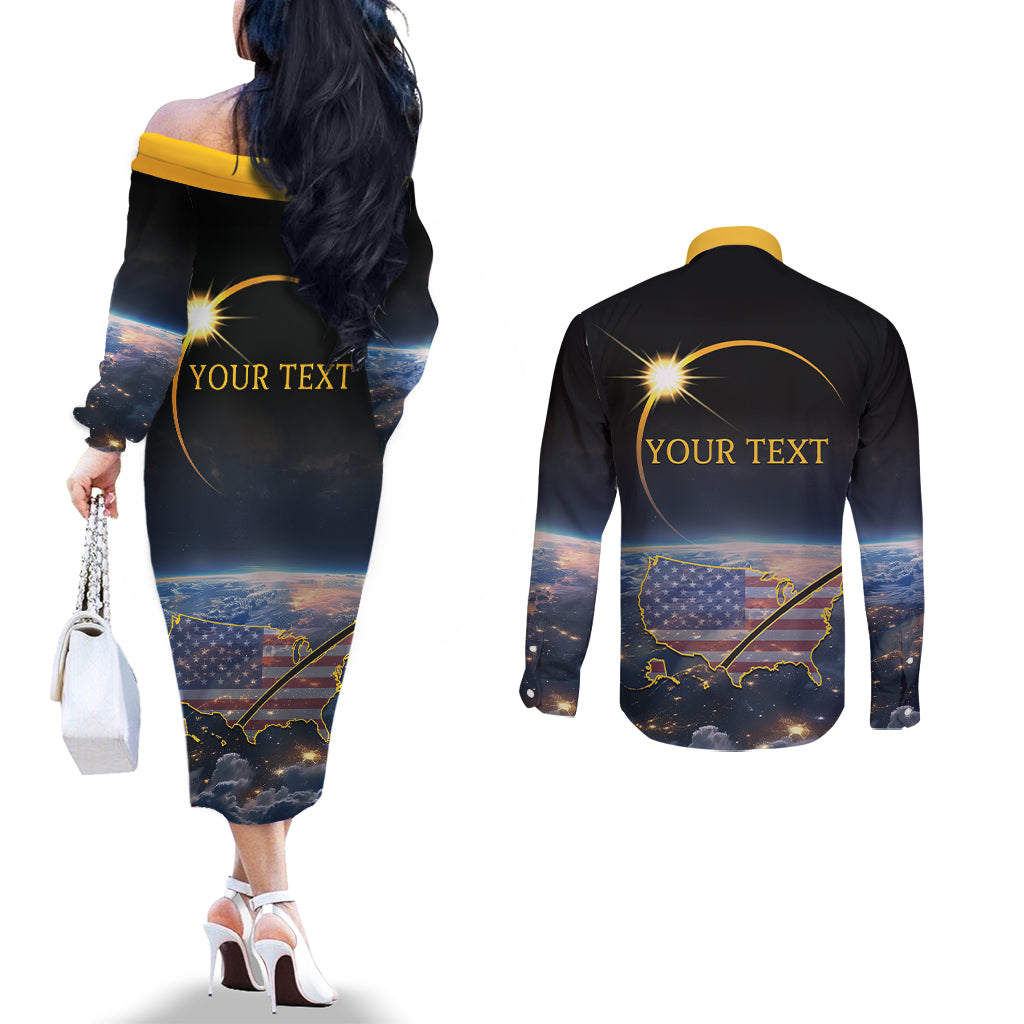 Personalized Total Solar Eclipse 2024 Couples Matching Off The Shoulder Long Sleeve Dress and Long Sleeve Button Shirt My 2nd Diamond Ring