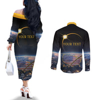 Personalized Total Solar Eclipse 2024 Couples Matching Off The Shoulder Long Sleeve Dress and Long Sleeve Button Shirt My 2nd Diamond Ring