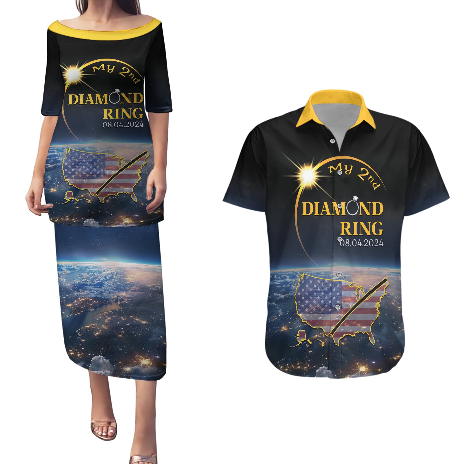 Personalized Total Solar Eclipse 2024 Couples Matching Puletasi and Hawaiian Shirt My 2nd Diamond Ring - Wonder Print Shop