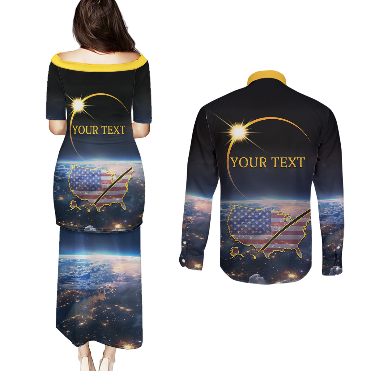 Personalized Total Solar Eclipse 2024 Couples Matching Puletasi and Long Sleeve Button Shirt My 2nd Diamond Ring - Wonder Print Shop