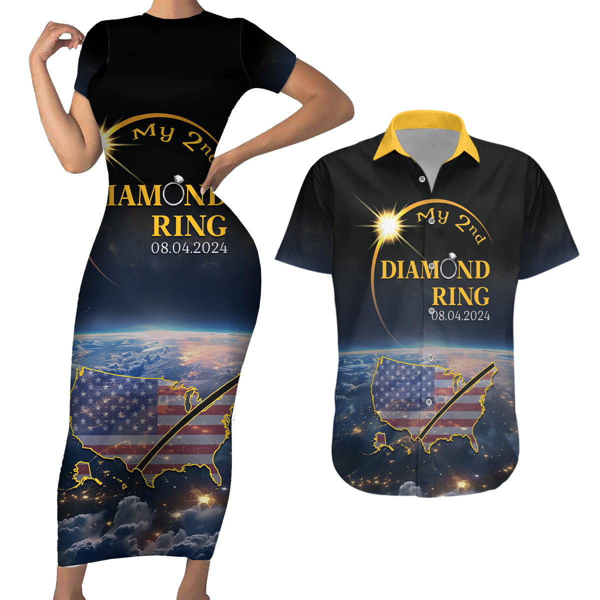 Personalized Total Solar Eclipse 2024 Couples Matching Short Sleeve Bodycon Dress and Hawaiian Shirt My 2nd Diamond Ring - Wonder Print Shop