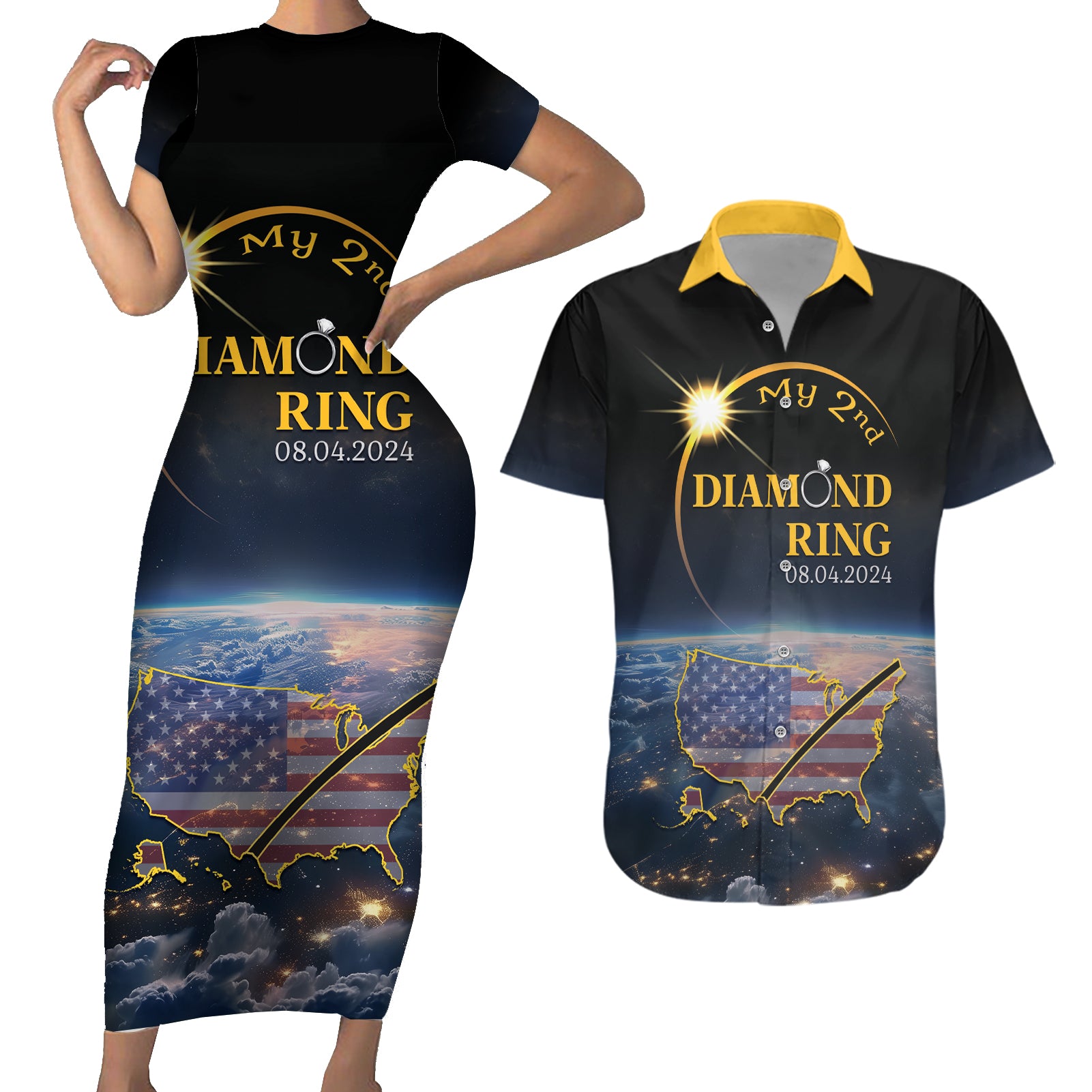 Personalized Total Solar Eclipse 2024 Couples Matching Short Sleeve Bodycon Dress and Hawaiian Shirt My 2nd Diamond Ring - Wonder Print Shop