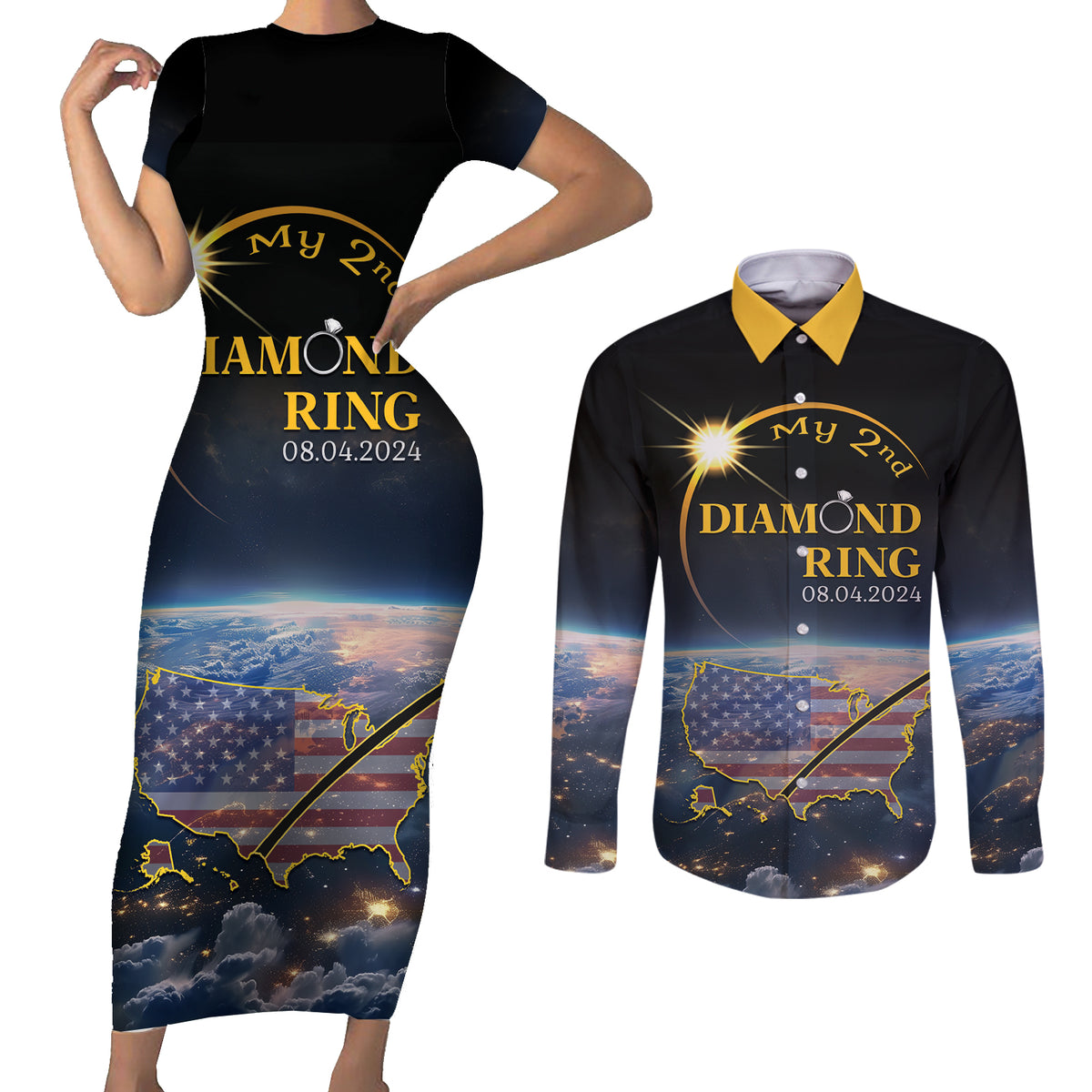 Personalized Total Solar Eclipse 2024 Couples Matching Short Sleeve Bodycon Dress and Long Sleeve Button Shirt My 2nd Diamond Ring - Wonder Print Shop