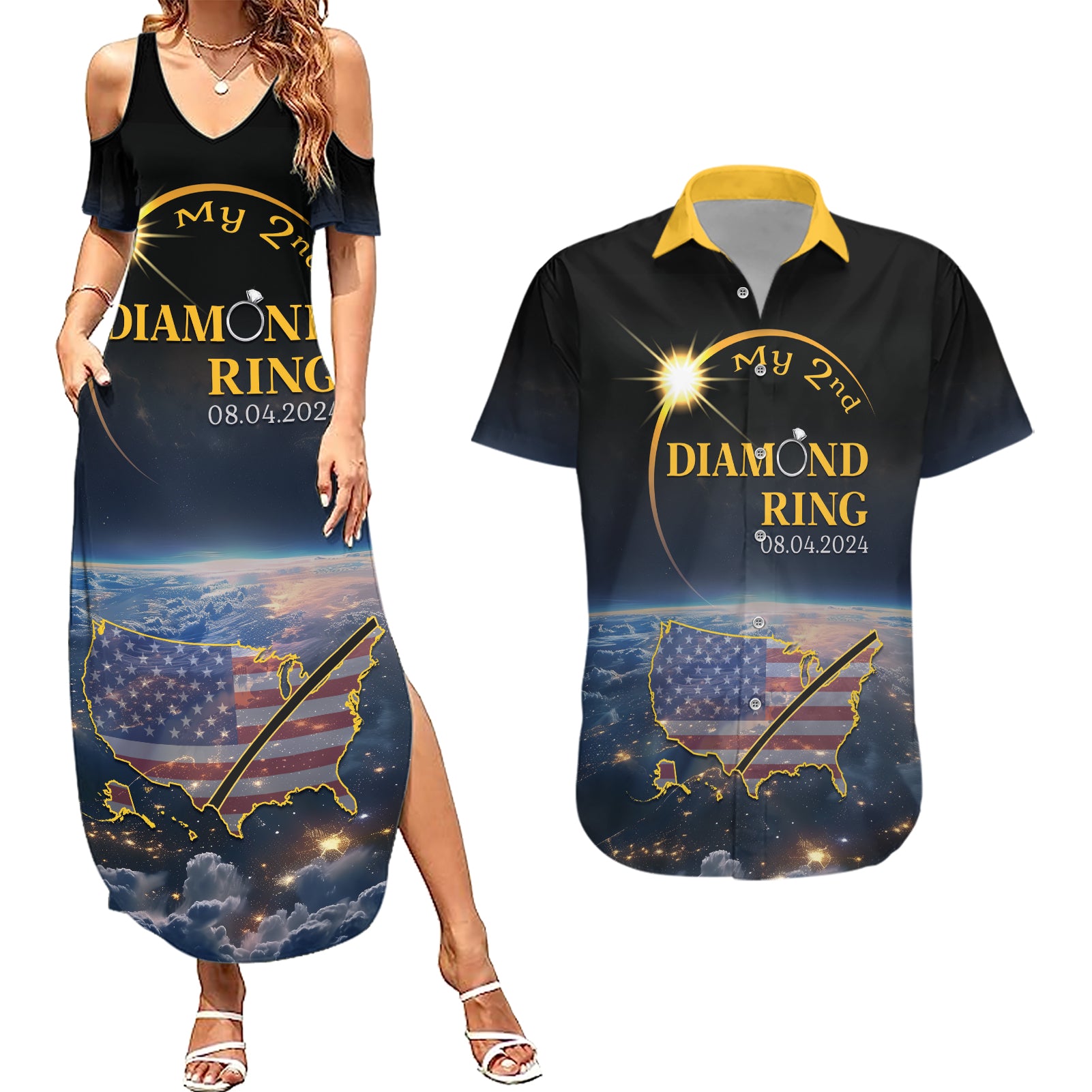 Personalized Total Solar Eclipse 2024 Couples Matching Summer Maxi Dress and Hawaiian Shirt My 2nd Diamond Ring - Wonder Print Shop