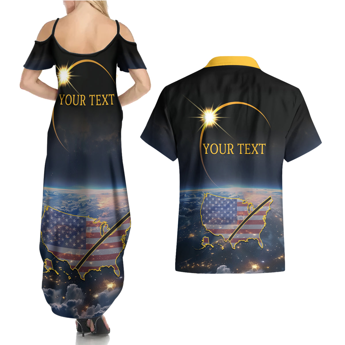 Personalized Total Solar Eclipse 2024 Couples Matching Summer Maxi Dress and Hawaiian Shirt My 2nd Diamond Ring - Wonder Print Shop