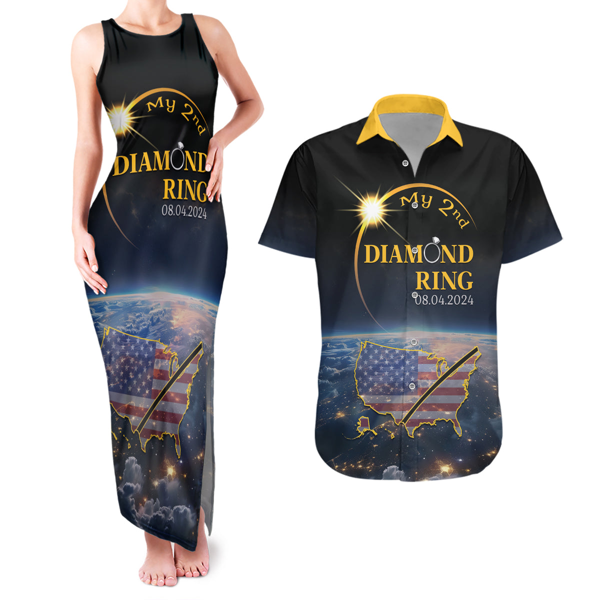Personalized Total Solar Eclipse 2024 Couples Matching Tank Maxi Dress and Hawaiian Shirt My 2nd Diamond Ring - Wonder Print Shop