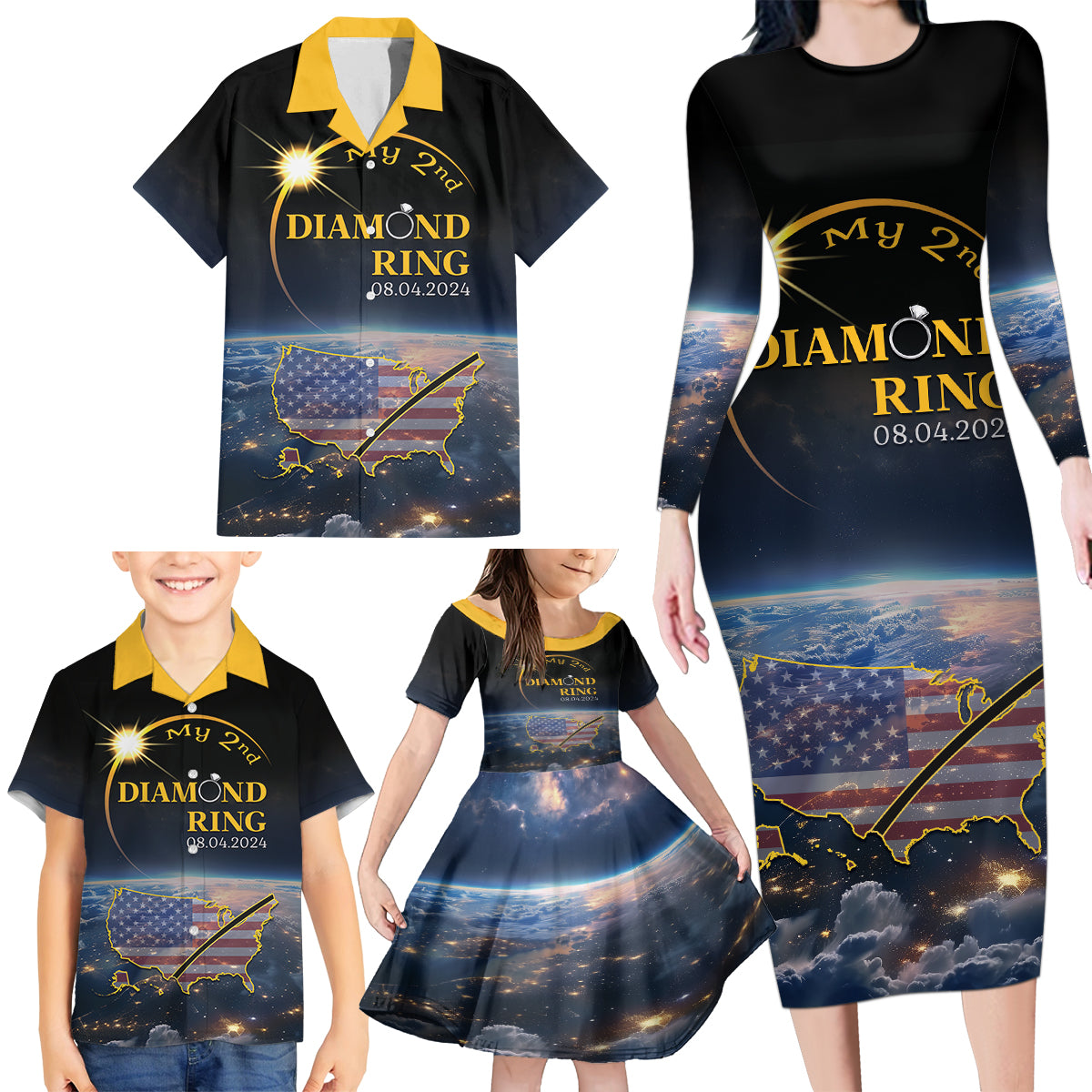 Personalized Total Solar Eclipse 2024 Family Matching Long Sleeve Bodycon Dress and Hawaiian Shirt My 2nd Diamond Ring - Wonder Print Shop