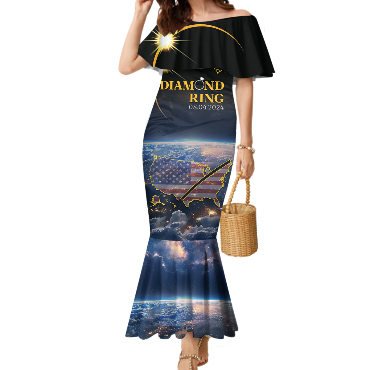 Personalized Total Solar Eclipse 2024 Family Matching Mermaid Dress and Hawaiian Shirt My 2nd Diamond Ring - Wonder Print Shop
