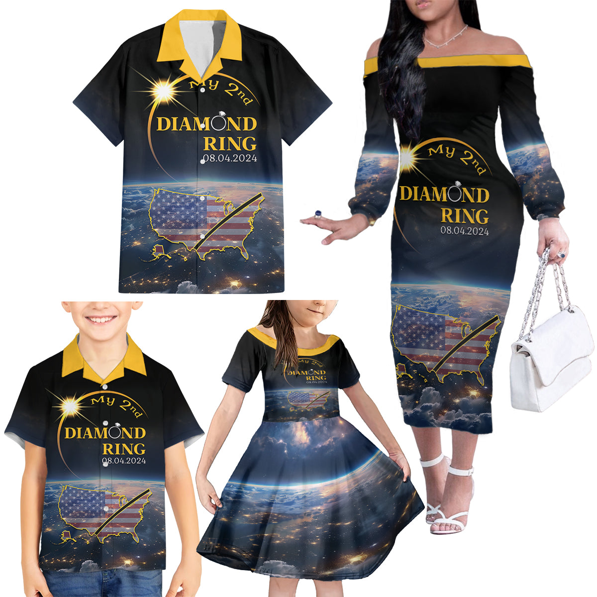 Personalized Total Solar Eclipse 2024 Family Matching Off The Shoulder Long Sleeve Dress and Hawaiian Shirt My 2nd Diamond Ring - Wonder Print Shop