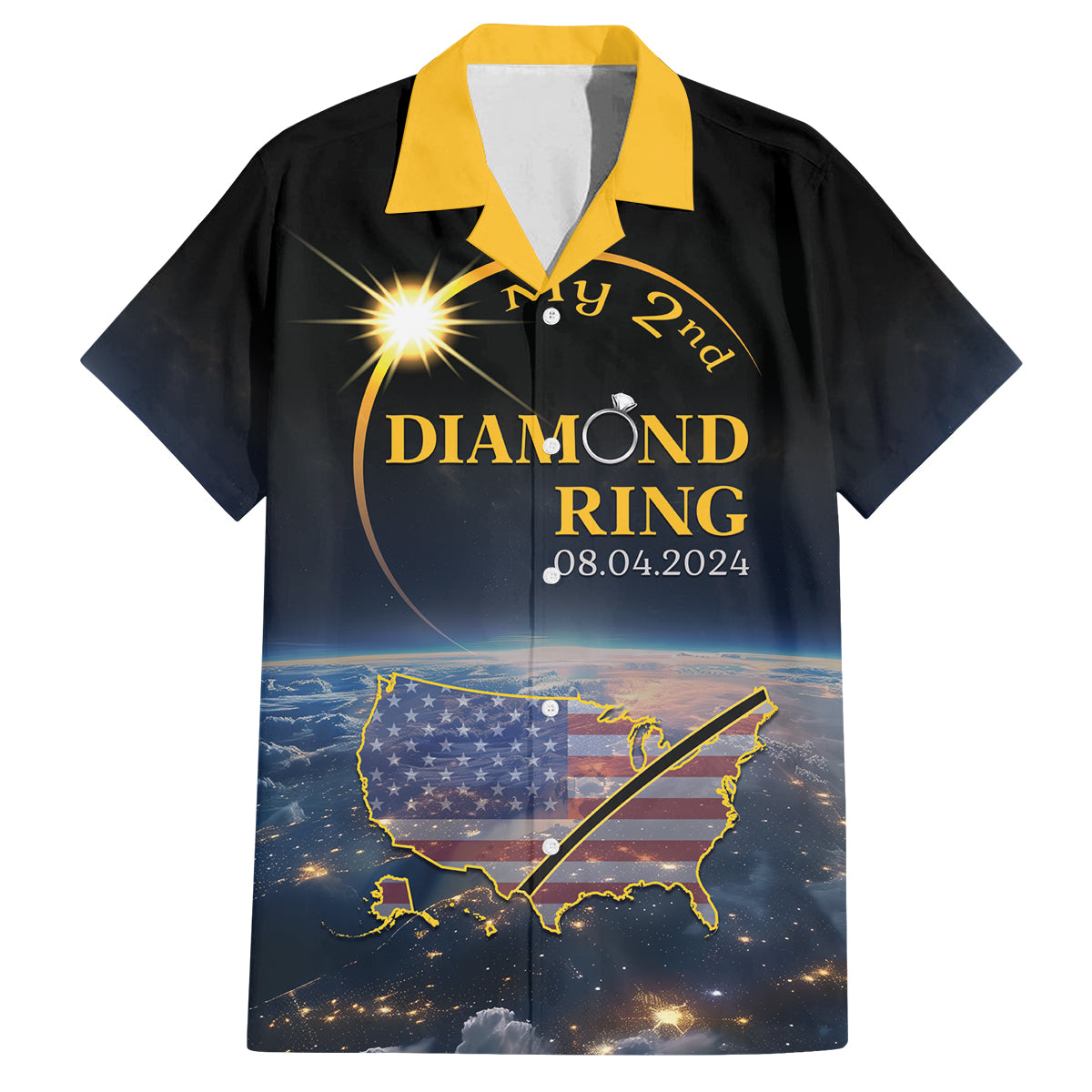 Personalized Total Solar Eclipse 2024 Family Matching Off The Shoulder Long Sleeve Dress and Hawaiian Shirt My 2nd Diamond Ring - Wonder Print Shop