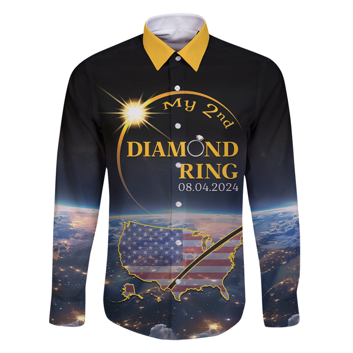 Personalized Total Solar Eclipse 2024 Family Matching Off The Shoulder Long Sleeve Dress and Hawaiian Shirt My 2nd Diamond Ring - Wonder Print Shop