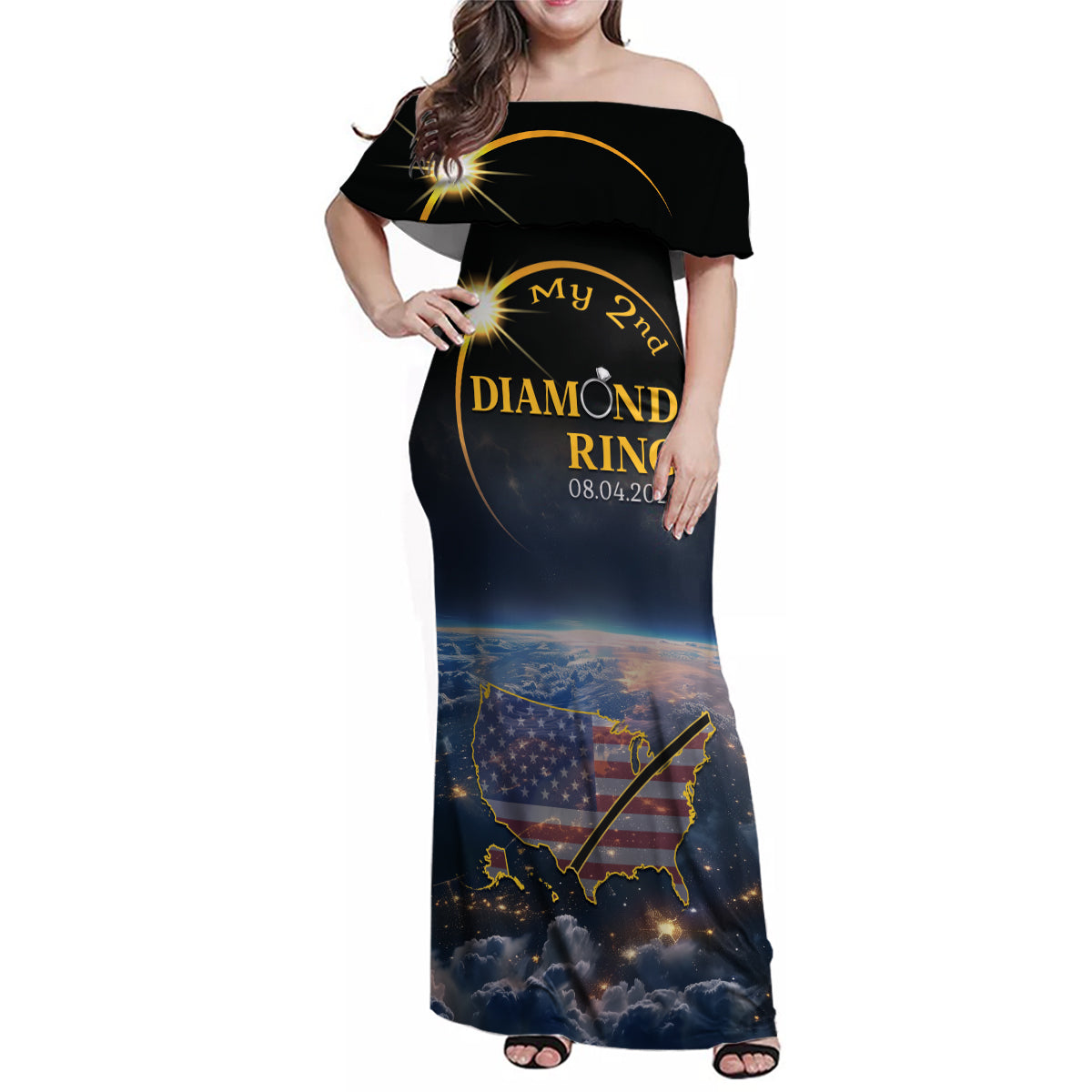 Personalized Total Solar Eclipse 2024 Family Matching Off Shoulder Maxi Dress and Hawaiian Shirt My 2nd Diamond Ring - Wonder Print Shop