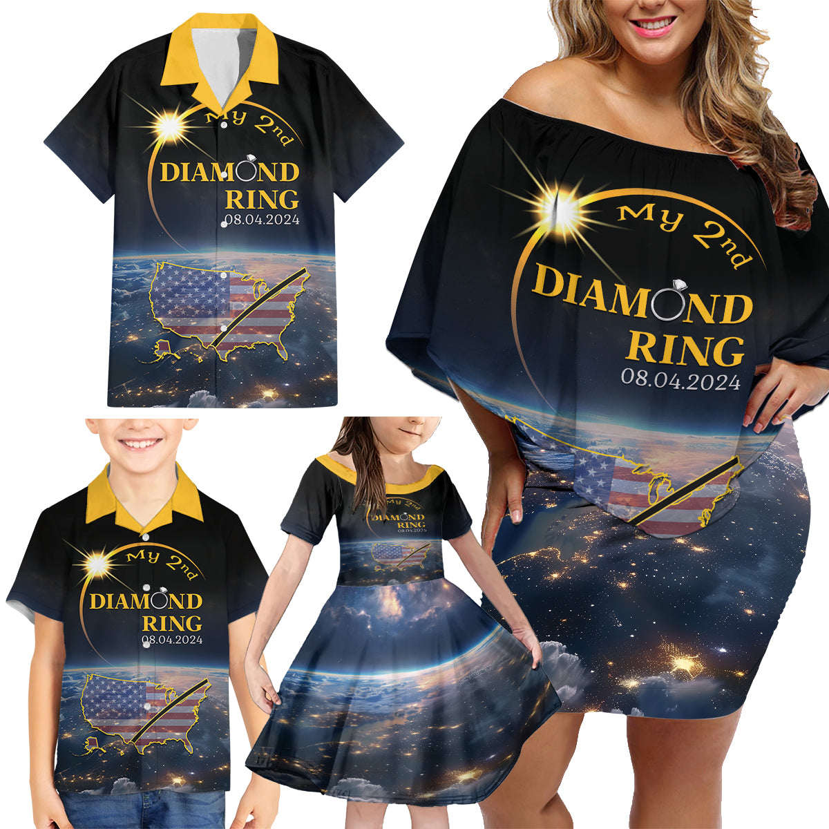 Personalized Total Solar Eclipse 2024 Family Matching Off Shoulder Short Dress and Hawaiian Shirt My 2nd Diamond Ring - Wonder Print Shop
