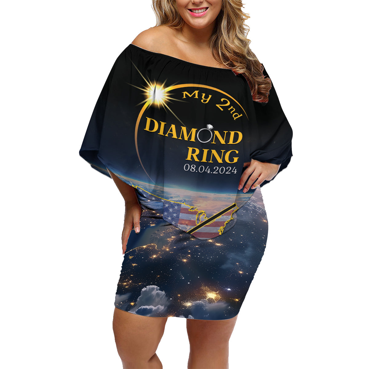 Personalized Total Solar Eclipse 2024 Family Matching Off Shoulder Short Dress and Hawaiian Shirt My 2nd Diamond Ring - Wonder Print Shop
