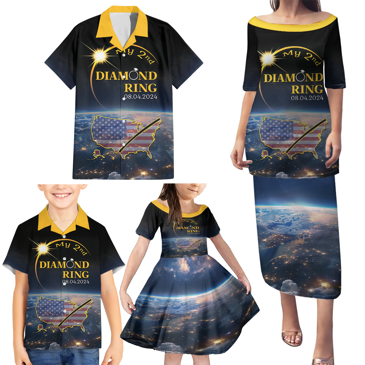 Personalized Total Solar Eclipse 2024 Family Matching Puletasi and Hawaiian Shirt My 2nd Diamond Ring - Wonder Print Shop