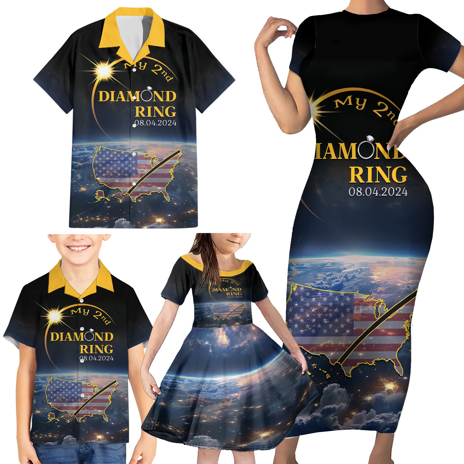 Personalized Total Solar Eclipse 2024 Family Matching Short Sleeve Bodycon Dress and Hawaiian Shirt My 2nd Diamond Ring - Wonder Print Shop