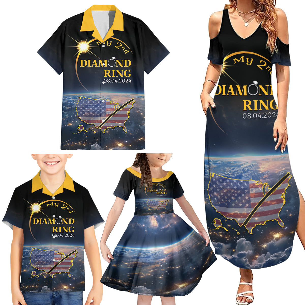 Personalized Total Solar Eclipse 2024 Family Matching Summer Maxi Dress and Hawaiian Shirt My 2nd Diamond Ring - Wonder Print Shop
