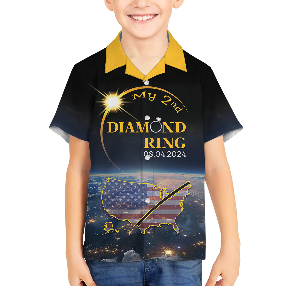 Personalized Total Solar Eclipse 2024 Family Matching Summer Maxi Dress and Hawaiian Shirt My 2nd Diamond Ring - Wonder Print Shop