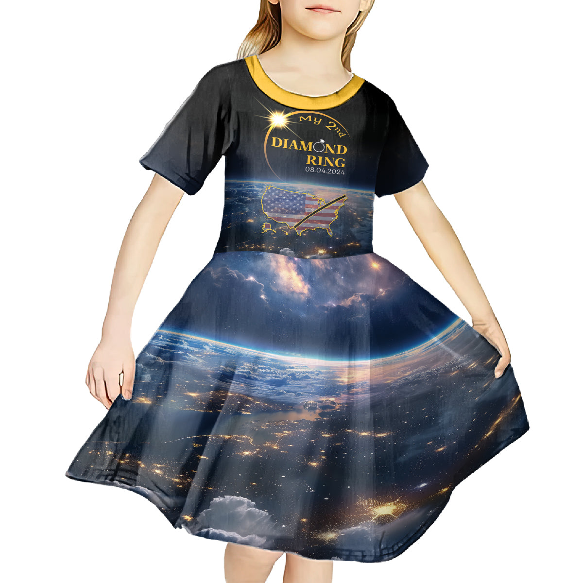 Personalized Total Solar Eclipse 2024 Kid Short Sleeve Dress My 2nd Diamond Ring - Wonder Print Shop