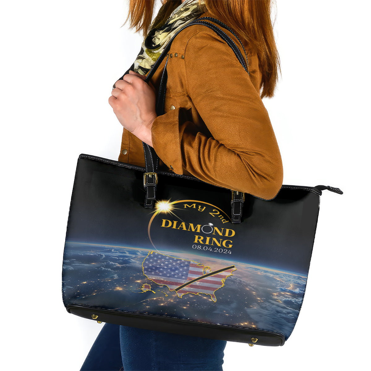 Total Solar Eclipse 2024 Leather Tote Bag My 2nd Diamond Ring - Wonder Print Shop