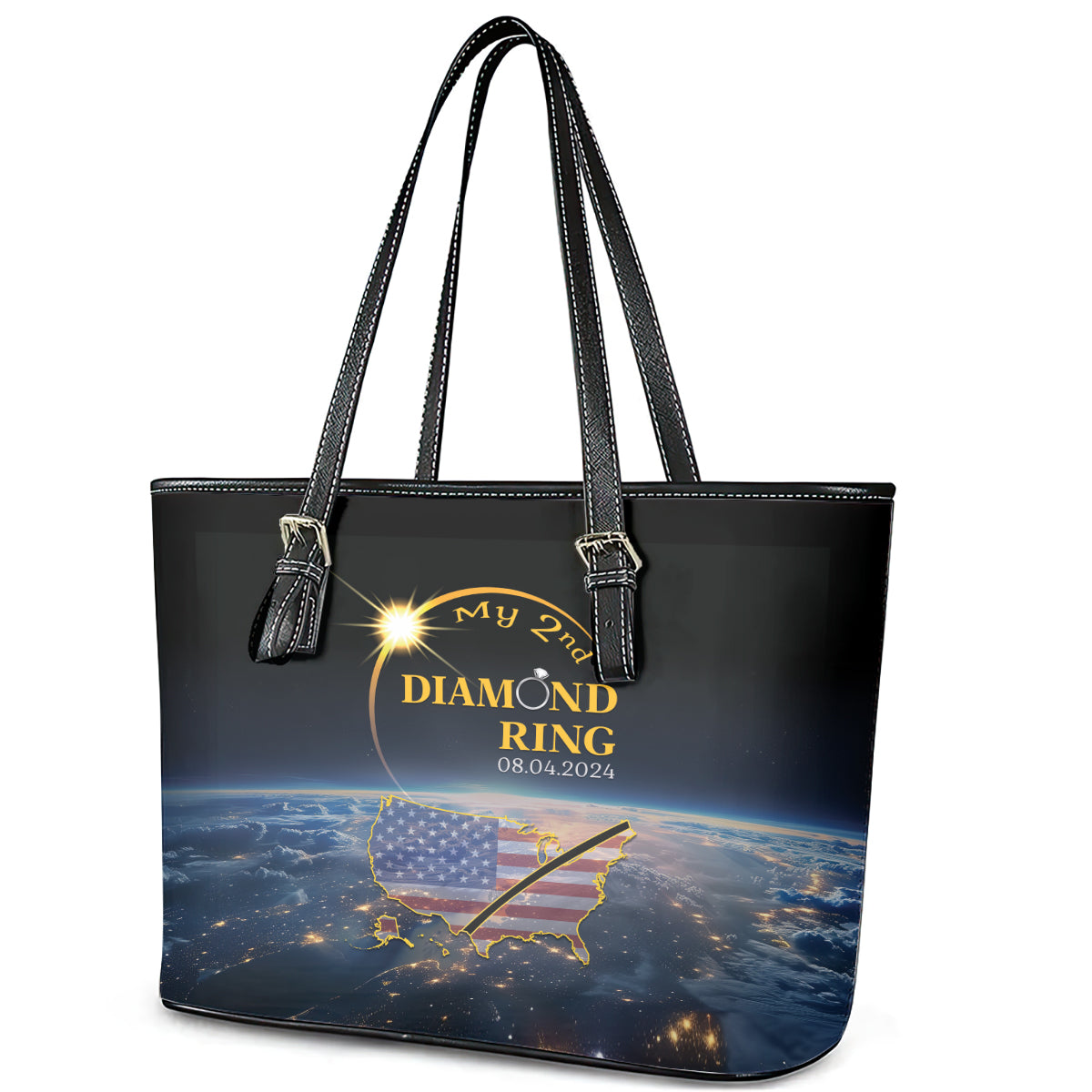 Total Solar Eclipse 2024 Leather Tote Bag My 2nd Diamond Ring - Wonder Print Shop