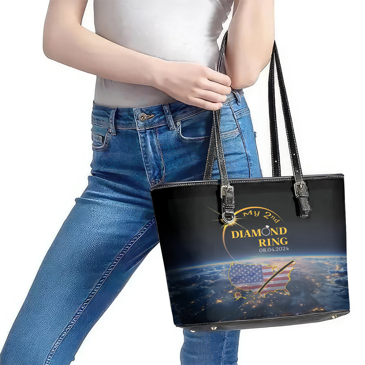 Total Solar Eclipse 2024 Leather Tote Bag My 2nd Diamond Ring - Wonder Print Shop