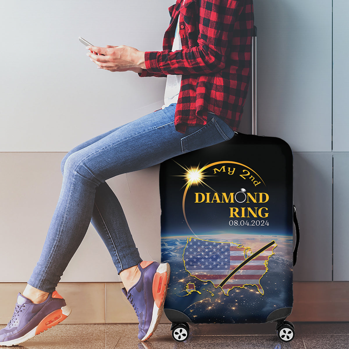 Total Solar Eclipse 2024 Luggage Cover My 2nd Diamond Ring - Wonder Print Shop