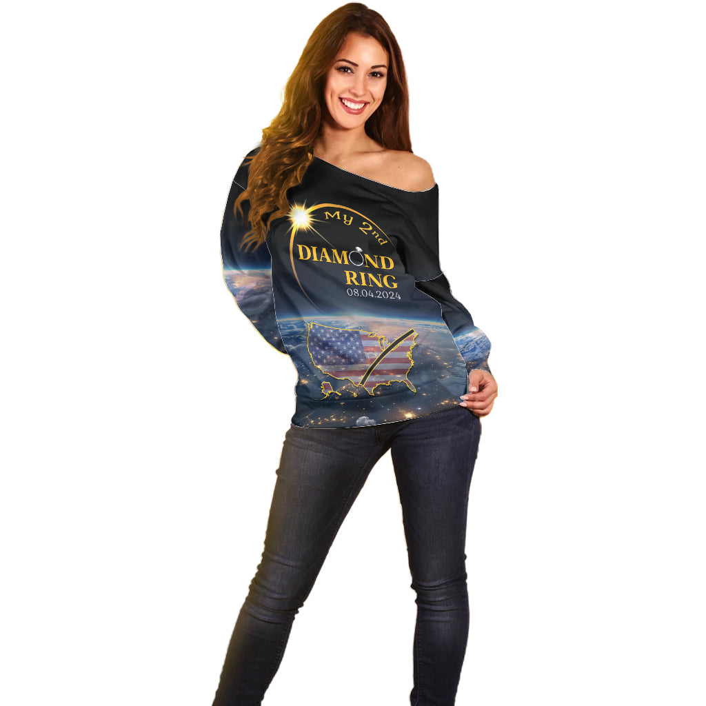 Personalized Total Solar Eclipse 2024 Off Shoulder Sweater My 2nd Diamond Ring - Wonder Print Shop