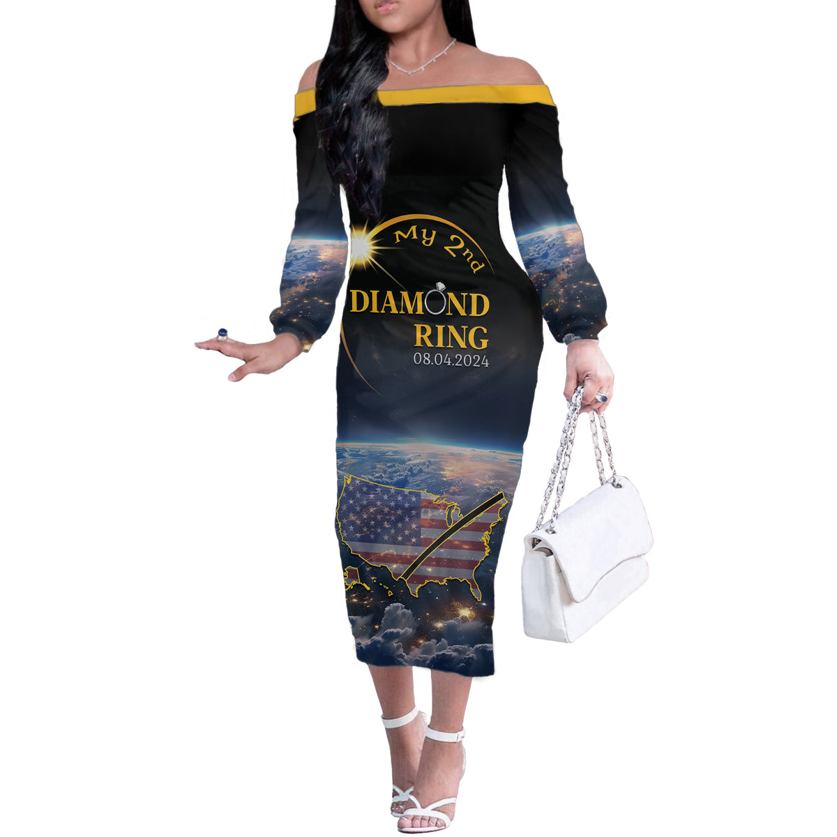Personalized Total Solar Eclipse 2024 Off The Shoulder Long Sleeve Dress My 2nd Diamond Ring - Wonder Print Shop