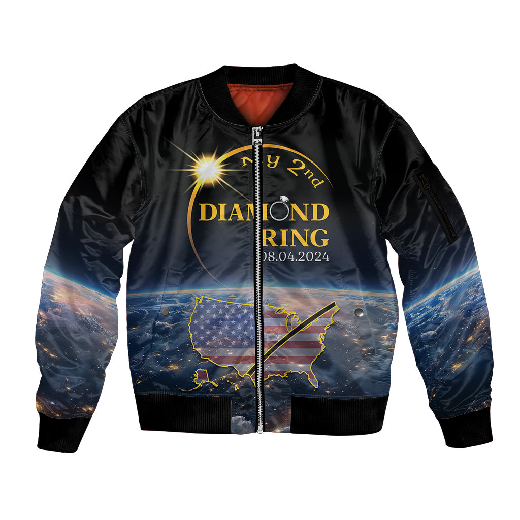 Personalized Total Solar Eclipse 2024 Sleeve Zip Bomber Jacket My 2nd Diamond Ring - Wonder Print Shop