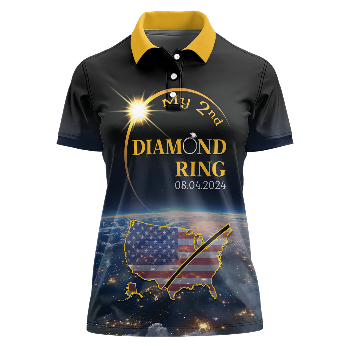 Personalized Total Solar Eclipse 2024 Women Polo Shirt My 2nd Diamond Ring - Wonder Print Shop